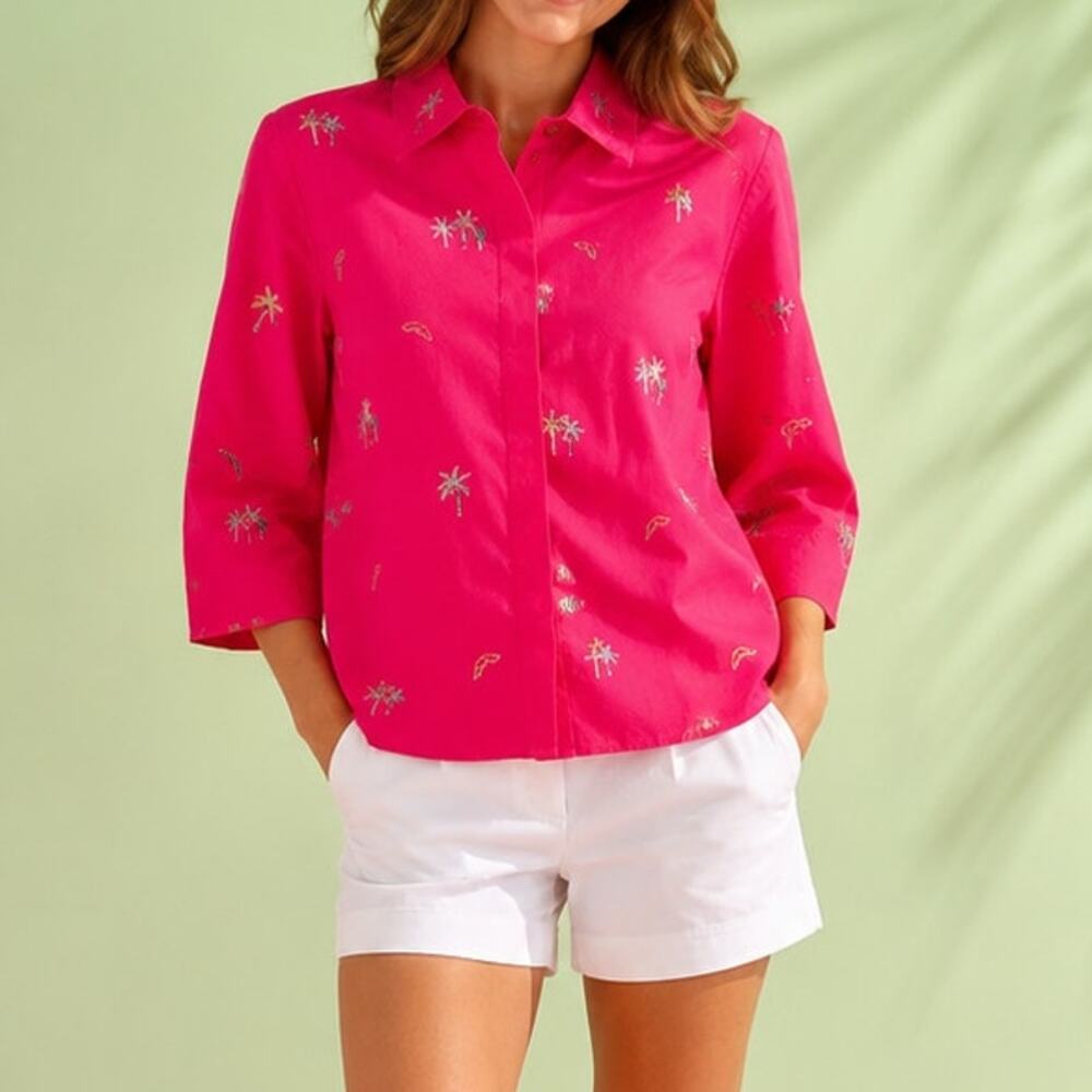 Onque Casuals Hot Pink Palm Tree Shirt M Cotton Embroidered Coastal Resort Y2K